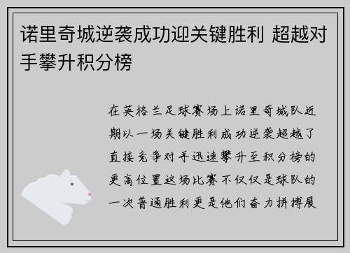 诺里奇城逆袭成功迎关键胜利 超越对手攀升积分榜