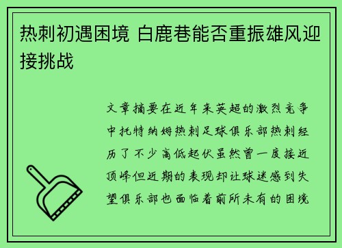 热刺初遇困境 白鹿巷能否重振雄风迎接挑战