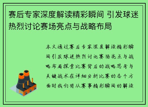 赛后专家深度解读精彩瞬间 引发球迷热烈讨论赛场亮点与战略布局