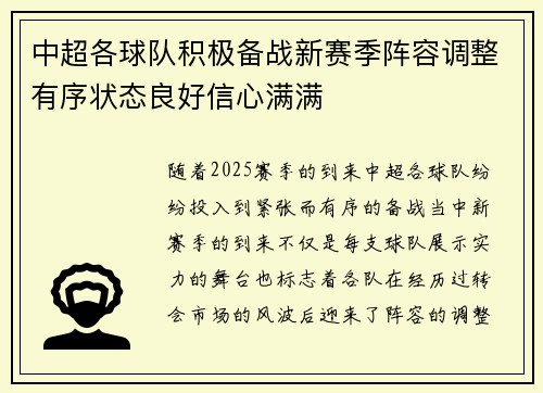 中超各球队积极备战新赛季阵容调整有序状态良好信心满满